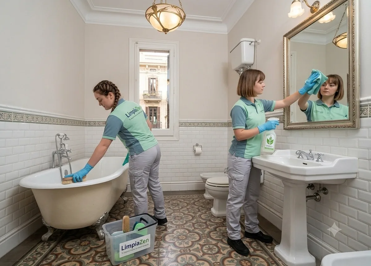 Equip professional netejant banyera, mirall, lavabo i terres de bany a València